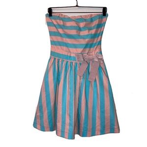 LOVE MOSCHINO striped strapless tube dress blush pink light blue bow pockets